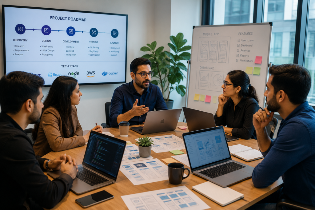 Client discussing project requirements with software development team