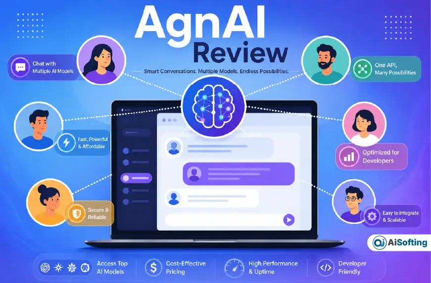 Flat illustration of a laptop displaying an AI chat interface connected to multiple user avatars with the title "AgnAI Review" on a blue and purple gradient background.