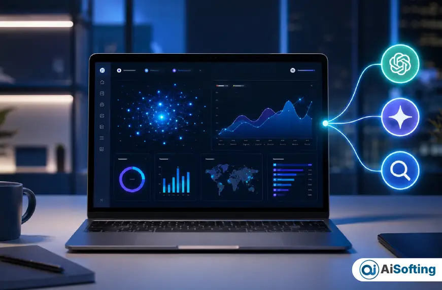 Modern laptop displaying an AI-powered digital marketing dashboard with abstract network nodes, brand visibility graphs, and connected search and AI icons in a sleek blue-lit office.