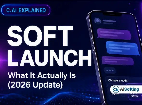 Editorial-style hero image featuring a stylized smartphone with a generic chat interface, glowing speech bubbles, and the headline "Soft Launch – What It Actually Is (2026 Update)" on a dark navy and purple gradient background.