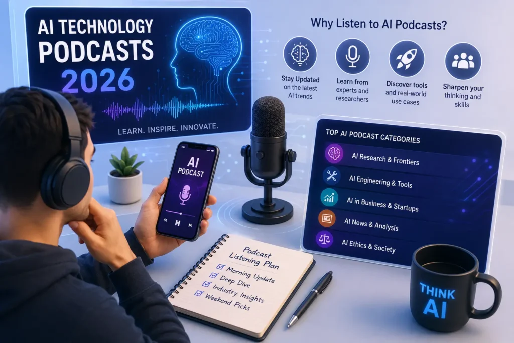 Illustration of a person listening to AI technology podcasts in 2026 using modern podcast and AI tools.