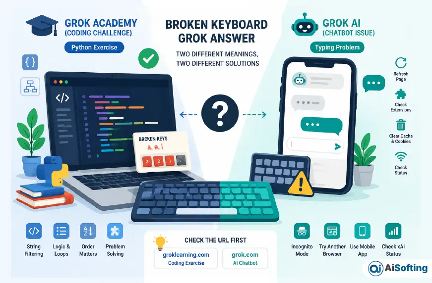 Illustration comparing the Grok Academy Broken Keyboard Python coding challenge with Grok AI chatbot keyboard typing issues in a split-screen technology design.