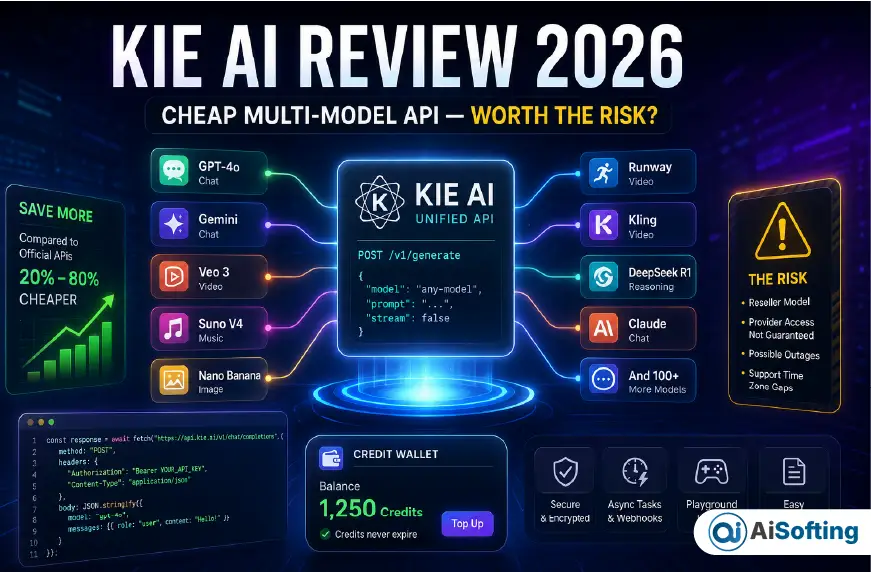 Futuristic illustration for Kie AI Review 2026 showing a unified AI API platform connecting multiple AI models with pricing savings and reseller risk comparison.