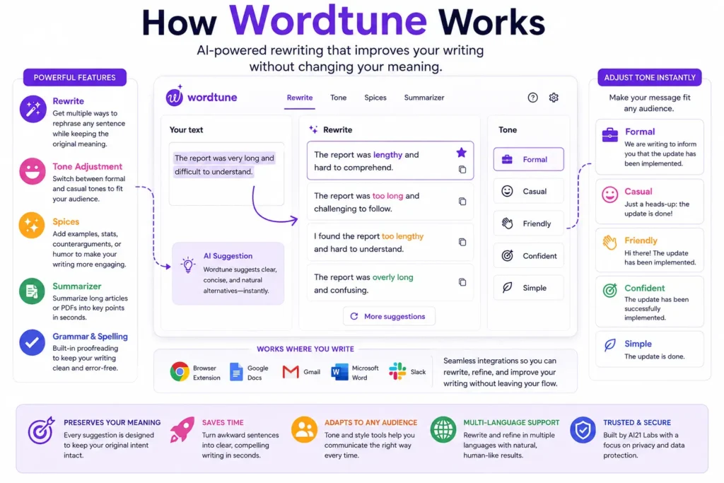 Wordtune AI writing tool showing rewriting, tone adjustment, summarization, and writing features.