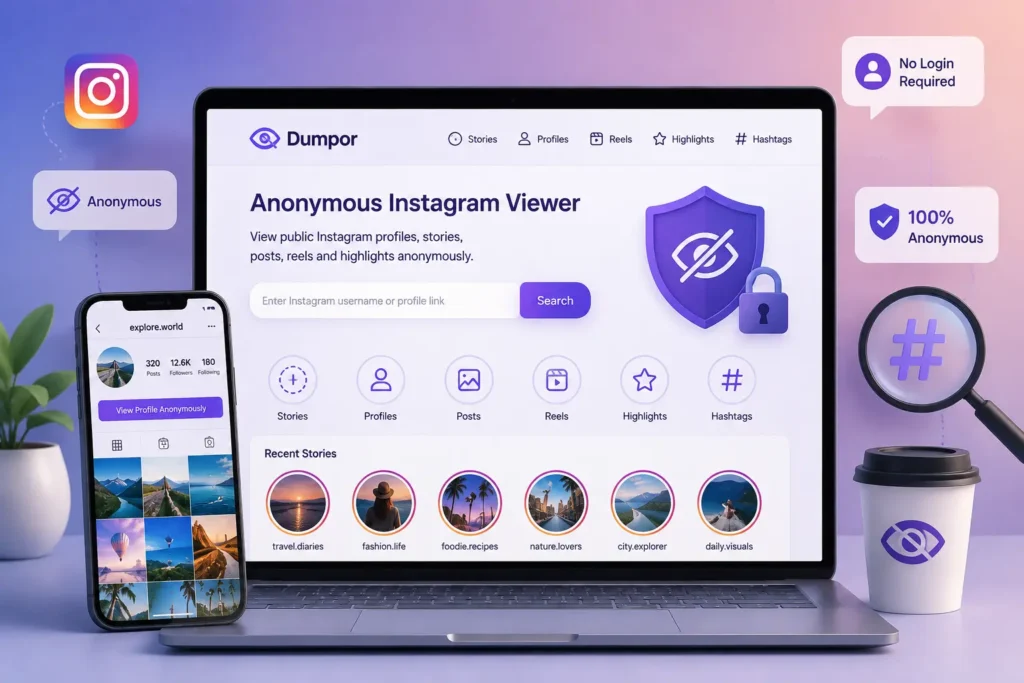 Dumpor anonymous Instagram viewer interface for browsing public profiles and stories.