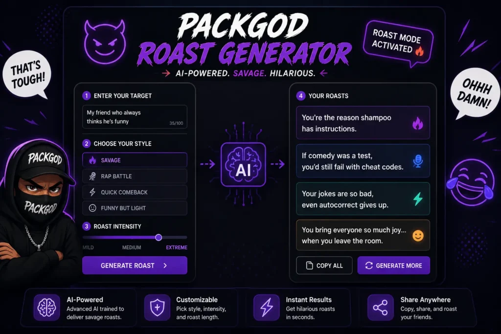 Illustration of a Packgod Roast Generator using AI to create customizable, humorous roast responses from user prompts.