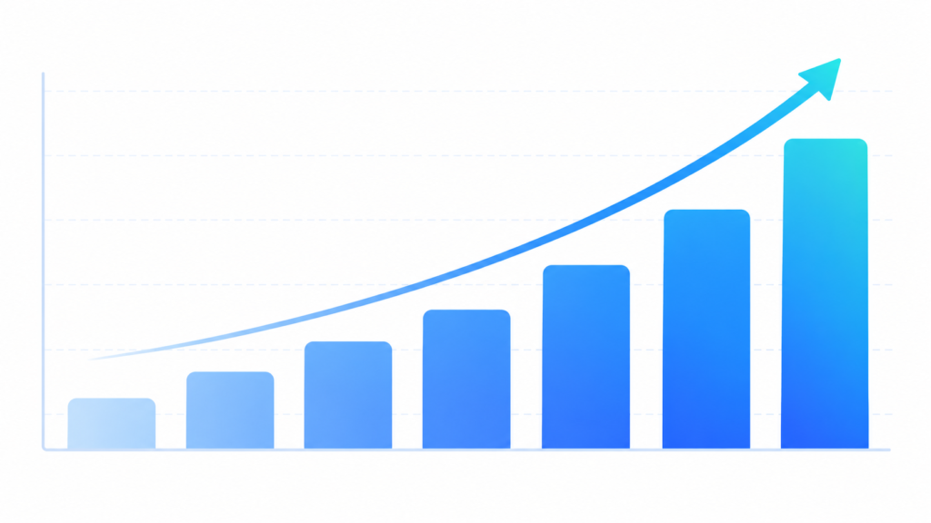Blue gradient bar chart with progressively taller bars and an upward arrow representing AI adoption growth.