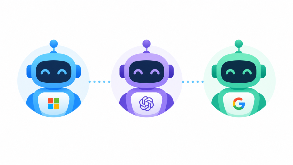 Three colorful AI robot icons in blue, purple, and green connected by dotted lines on a white background.