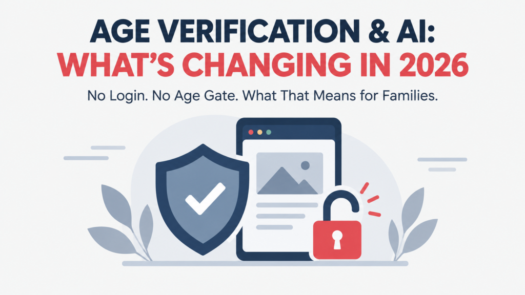 Age verification and AI privacy illustration with shield and unlocked lock