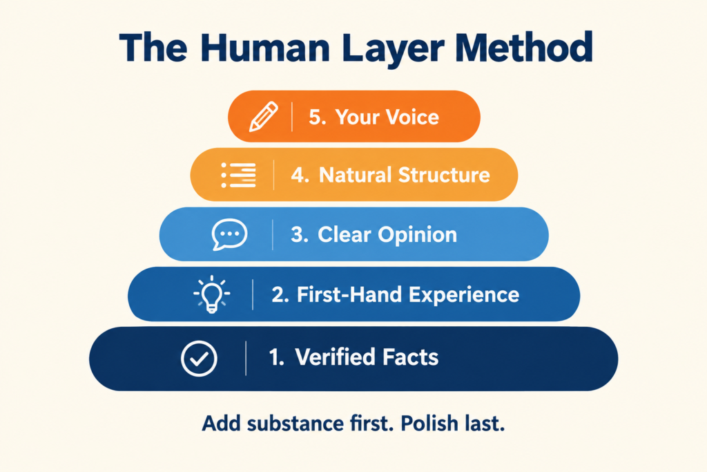 Five-layer Human Layer Method showing verified facts, experience, opinion, structure, and voice.