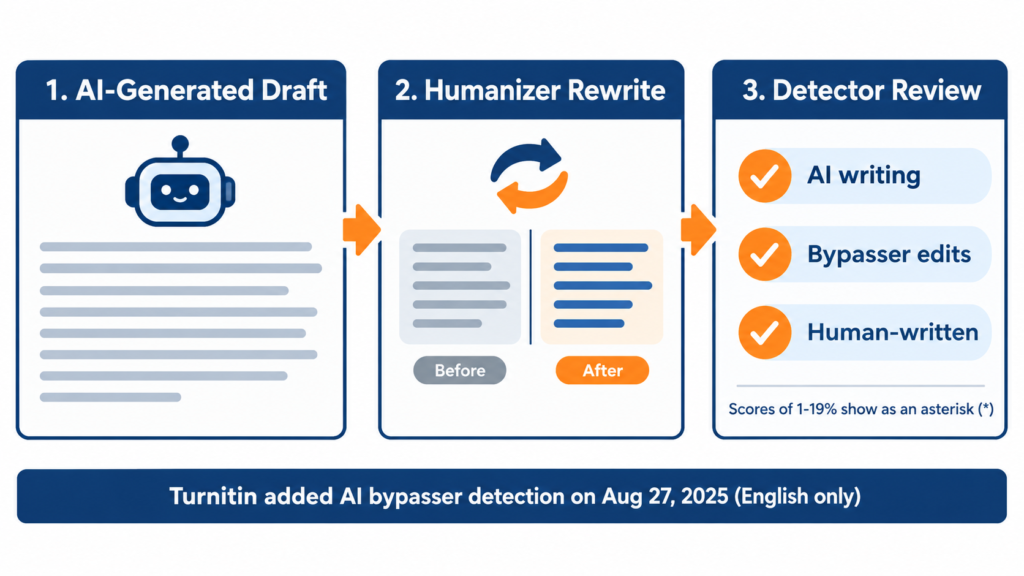 Three-step AI humanizer workflow from AI-generated draft to humanizer rewrite and detector review.