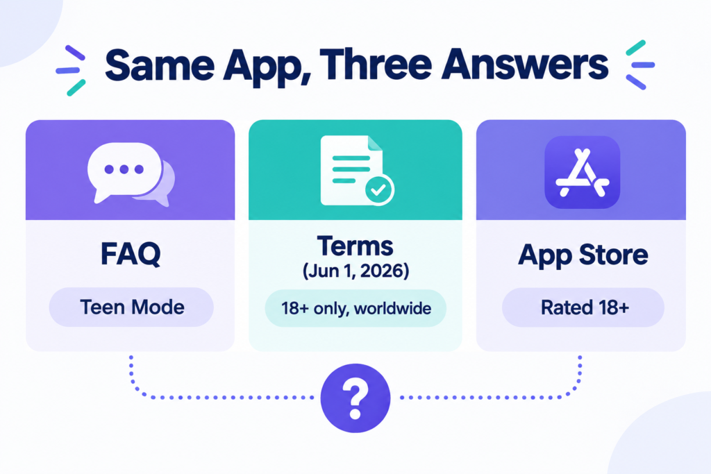 Infographic comparing PolyBuzz's FAQ, Terms of Use and App Store listing on age rules.