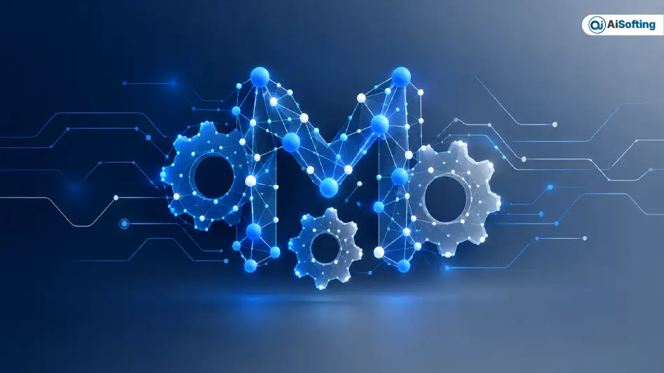Abstract blue and white AI network forming interconnected gears and an M-shaped motif on a dark navy gradient background.