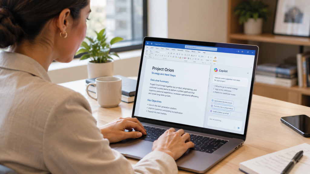 Professional working on a laptop with an AI assistant panel open beside a document in a modern office.