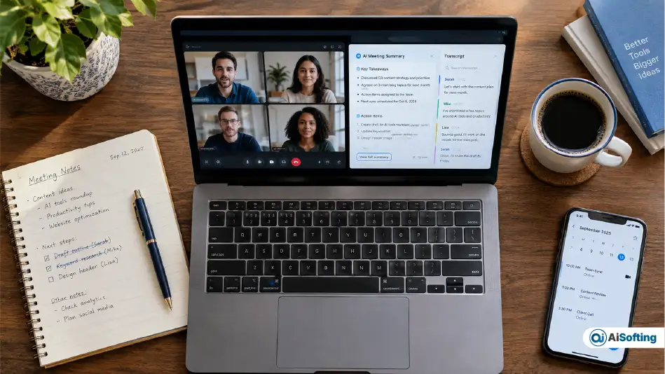 Overhead desk setup with laptop showing an AI meeting summary and transcript beside notes, coffee, and calendar smartphone.