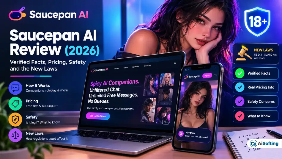 Saucepan AI Review 2026 showing the AI companion platform on a laptop and smartphone with pricing, safety, verified facts, and new laws information