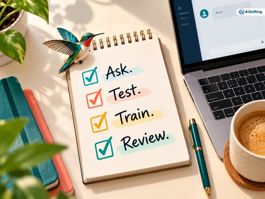 Flat-lay illustration of a desk featuring a notepad checklist reading Ask, Test, Train, Review, alongside a laptop, coffee cup, and colorful hummingbird figurine.