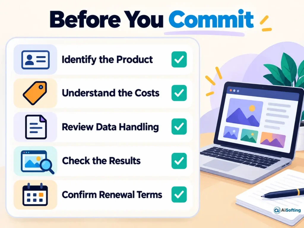 Five-point Chroma AI business checklist covering product identity, pricing, data handling, output quality, and subscription renewal terms.
