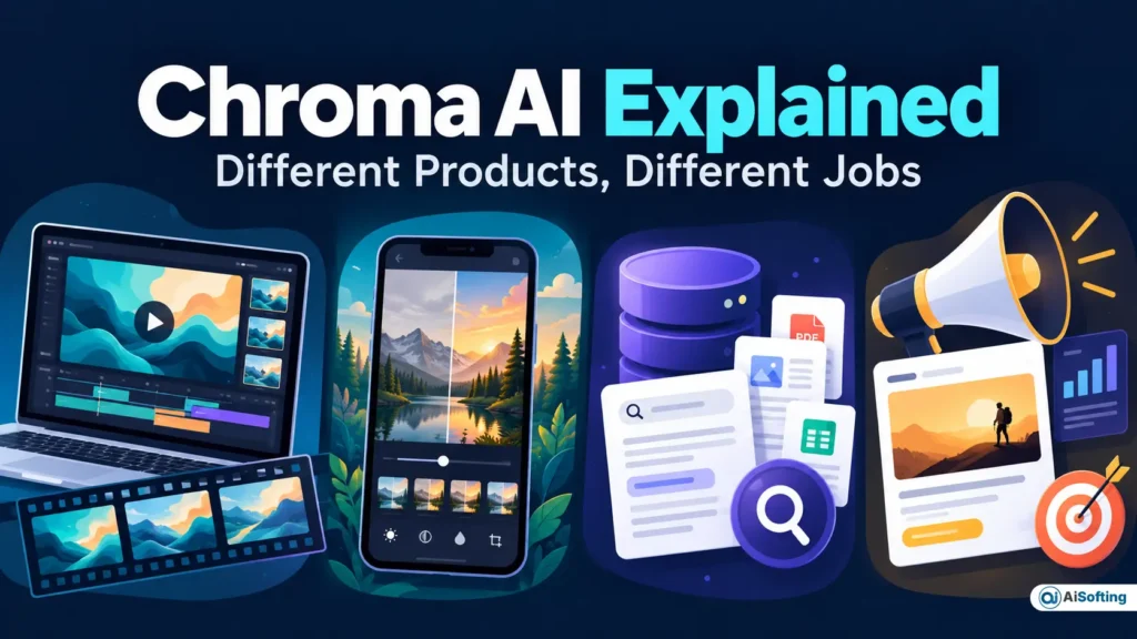 Chroma AI illustration showing four different product categories: Chroma Studio for creative media, a mobile photo editor, ChromaDB for document search, and AI advertising tools.