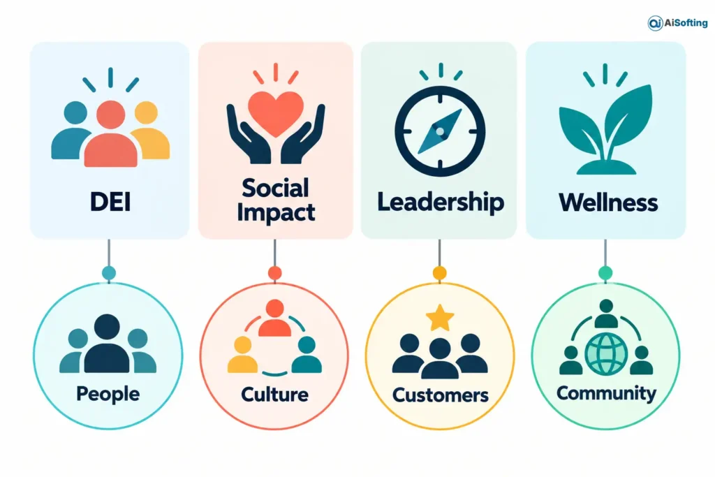 Infographic showing four culture aspects—DEI, Social Impact, Leadership, and Wellness—connected to four lenses: People, Culture, Customers, and Community.