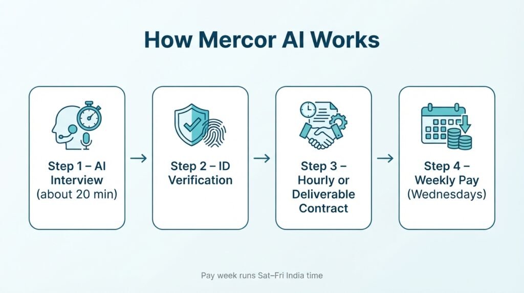 A flat vector infographic showing a four-step process for Mercor AI experts, featuring rounded cards connected by arrows and a blue and teal color palette.