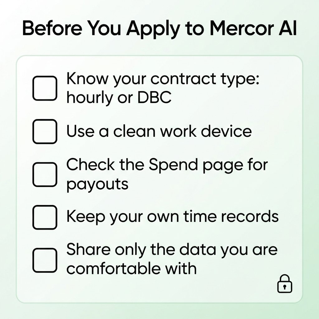 A square checklist graphic with a soft green accent, outlining five practical preparation steps for applicants before applying to Mercor AI.   