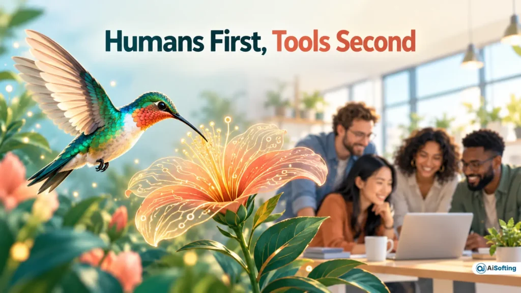 Illustration of a colorful hummingbird hovering beside a glowing circuit-pattern flower, with four diverse colleagues collaborating around a laptop in a modern office.